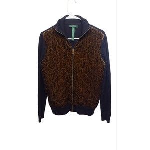 Ralph Lauren Quilted Velvet Leopard Black Wool Cardigan Sweater Jacket Medium